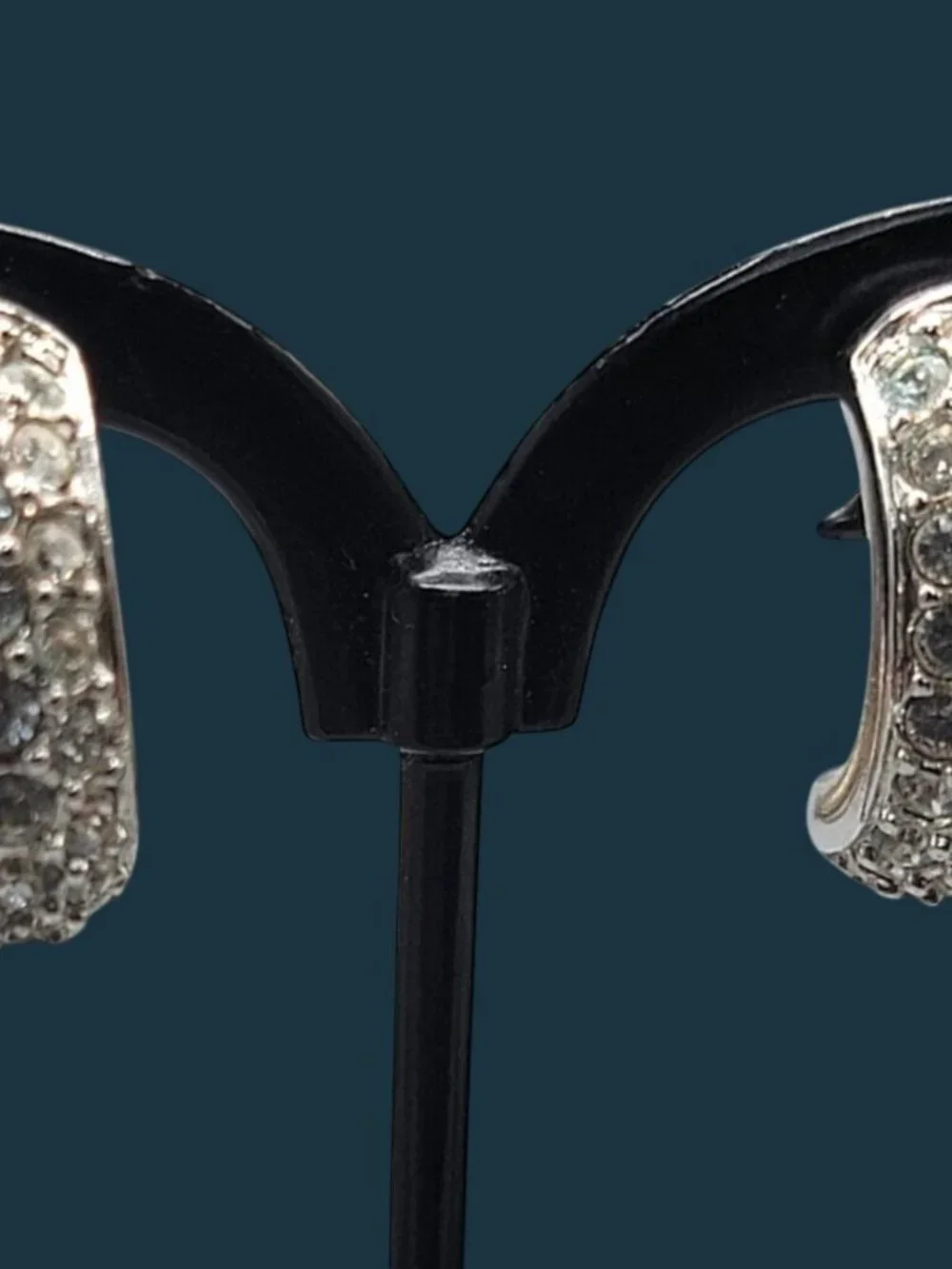 Swan Signed Swarovski Half Hoop Post Earrings Vintage Colorless Crystal Paved